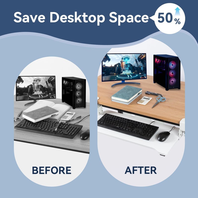 VUSIGN Keyboard Tray Under Desk Height Adjustable,Pull Out with Adjustable C Clamp Mount System for L-Shaped Tables, Extra Sturdy, 26.4” x 11.8” Slide-Out Platform Computer Drawer for Typing,White - Image 5